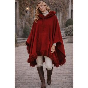 Polo Jeans Co Ralph Lauren Red Hooded Cape Poncho Fringe One Size Vintage